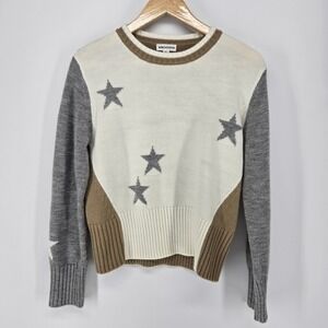 Vigoss Womens Star Intarsia Colorblock Crewneck Sweater Tan Grey Cream Small y2k